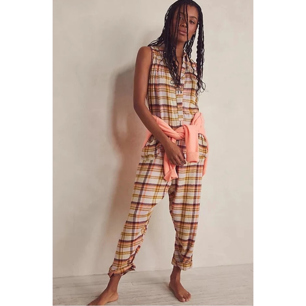 FREE PEOPLE | Wrapped In Flannel Onesie Jumpsuit in Tea Combo, Size Large